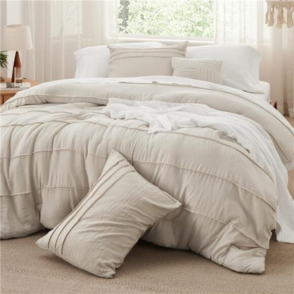 Queen Comforter Set - 4 Pieces Pinch Pleat Bed Set, Beige Boho Bedding - Picture 1 of 7